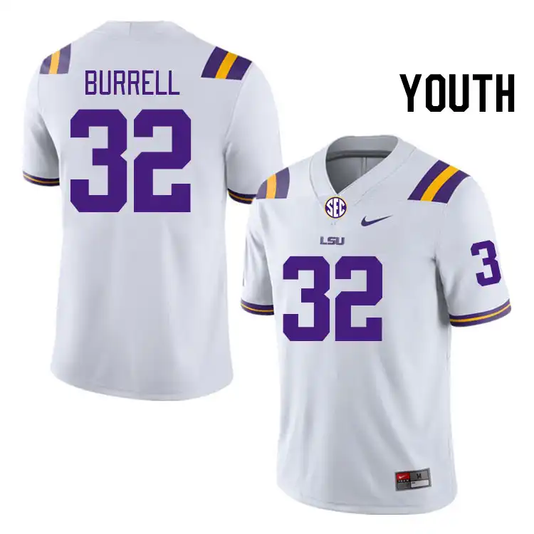 Youth LSU Tigers Aeron Burrell #32 White NCAA Football Jersey